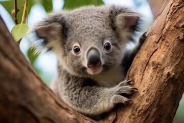 Adorable koala peeking out from tree