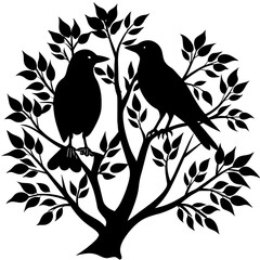 Bird couple on branch love silhouette vector illustration