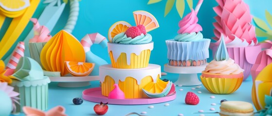 Neon color of desserts adds a delightful twist to traditional recipes, crafted in paper cut styles, sweetening our visual palette