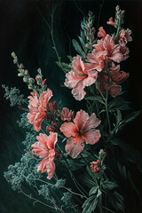 Pink gladiolus flowers amidst dark foliage. Romantic floral decor concept for home decoration and textile design, wallpaper, greeting card, poster, invitation. 