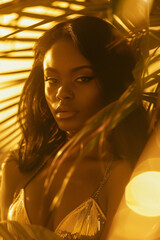 Portrait Photograph of Black Woman in Golden Bikini