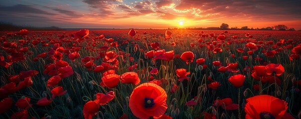 Breathtaking landscape of a poppy field at sunset with the sun dipping low on the horizon, casting a warm glow over the vibrant red flowers - Powered by Adobe