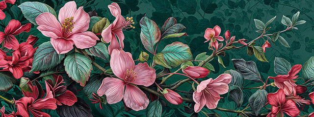 Illustration of soft pink flowers on a lush green backdrop. High-detail digital botanical art. Elegant floral theme for home decoration and textile design, wallpaper, greeting card, poster, invitation
