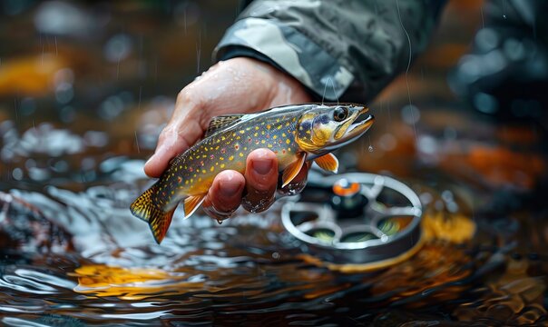 A man's hand holding a tiny brook trout over a stream with a shiny vintage fishing reel nearby