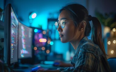A woman wearing glasses is focused on a computer screen in a modern office setting