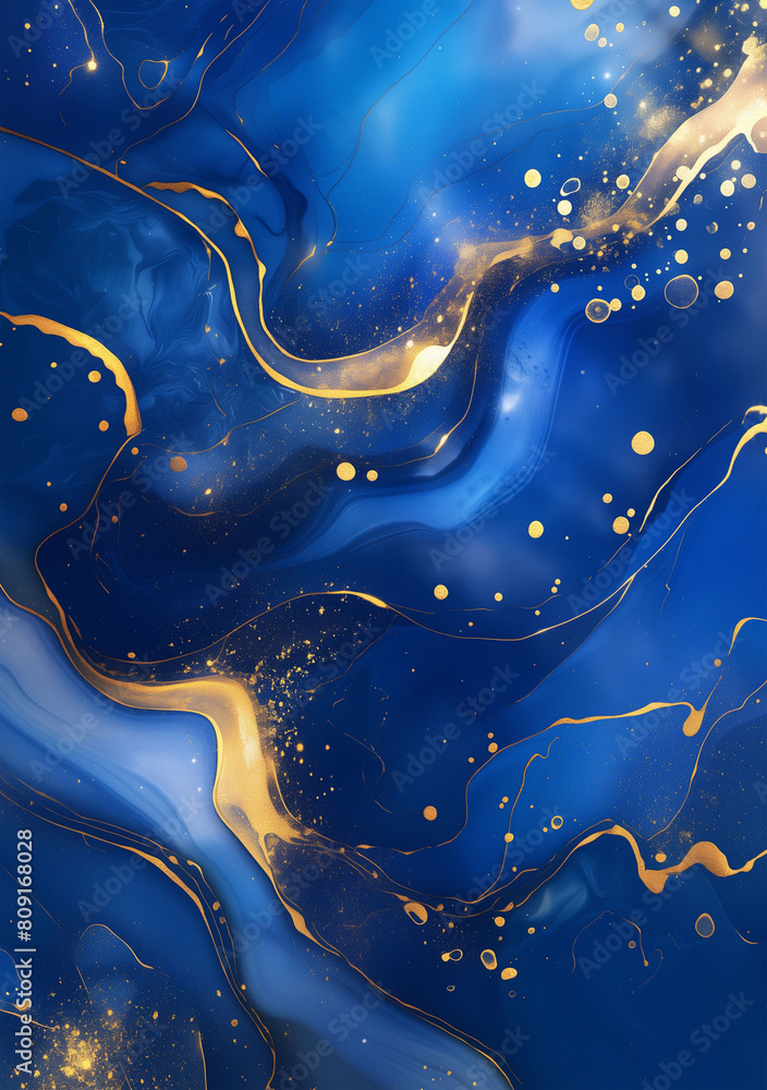Poster abstract background with deep blue marble with splashes of golden ink and agate-like waves