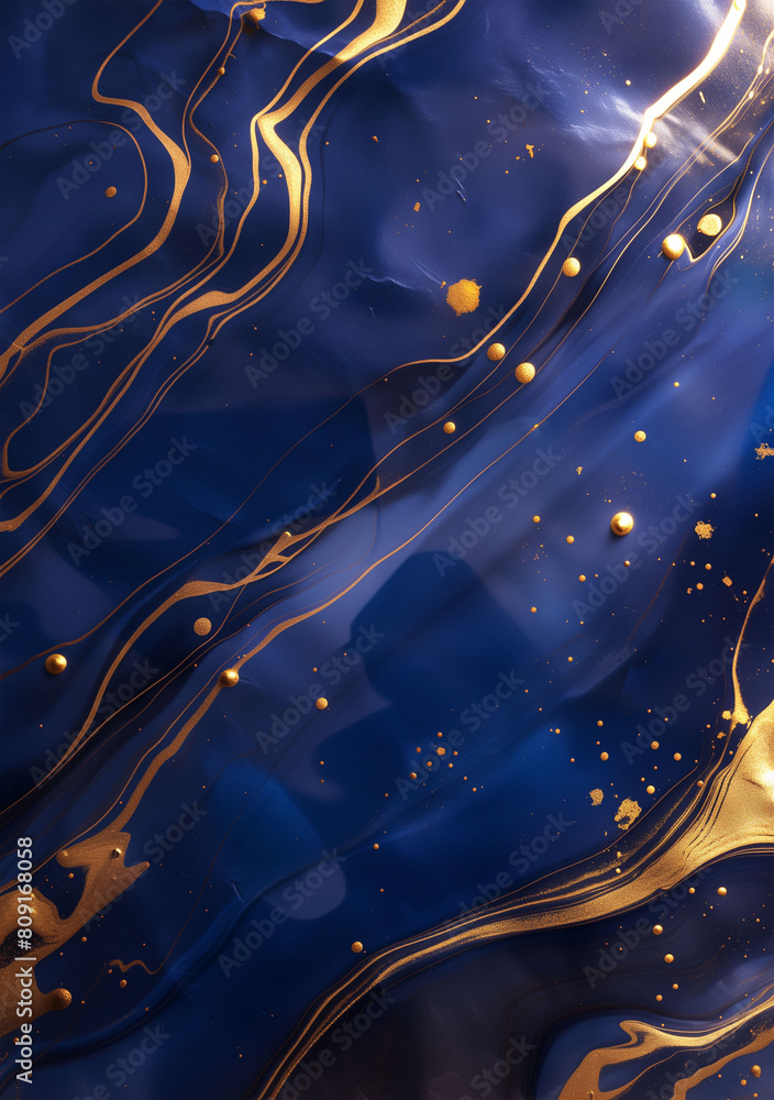 Poster abstract background with deep blue marble with splashes of golden ink and agate-like waves