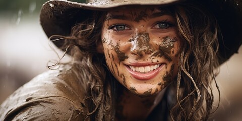 Smiling woman covered in mud