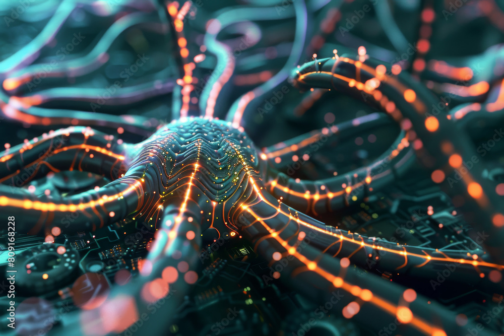 Poster a computer generated image of an octopus with glowing lines