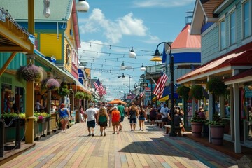 A group of individuals walking down a busy street lined with vibrant shops, A bustling boardwalk lined with colorful shops and lively street performers