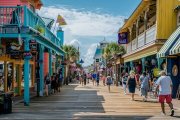 Crowded boardwalk with people strolling next to vibrant shops, A bustling boardwalk lined with colorful shops and lively street performers