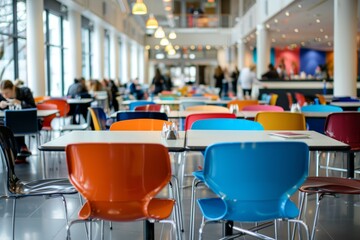 A room bustling with colorful chairs and tables in a lively cafeteria setting, A bustling cafeteria filled with colorful chairs and tables