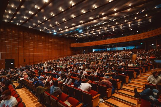 A large auditorium filled with numerous attendees listening to a presentation or event, A bustling auditorium filled with attendees