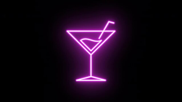 Neon cocktail sign animation, uniform rotation with color blink. Glowing neon 3D martini icon, looped spin with blink. Night cocktail, martini glass, alcohol bar, drinks menu, summer party. 4 colors