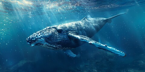 Fototapeta premium Majestic humpback whale swimming in blue ocean waters