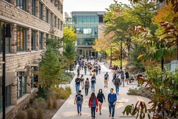 Obraz premium A group of people walking down a bustling street next to towering buildings, A bustling campus filled with diverse buildings and students