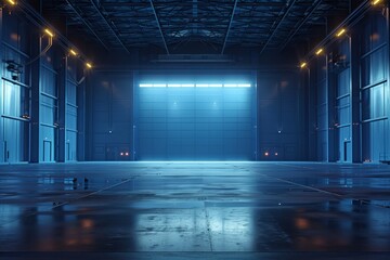 A long, empty, blue hallway with a bright blue light shining down on it