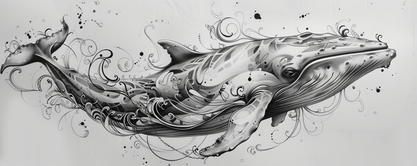 Abstract whale tattoo design with patterns and swirl