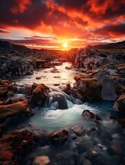 Dramatic sunset over a rocky mountain stream