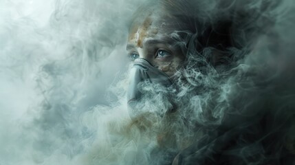 A woman wearing a gas mask is standing in a room filled with smoke.