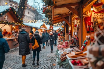 Group of people bustling around market stalls during the holiday season, A bustling Christmas market filled with vendors selling handmade crafts and treats