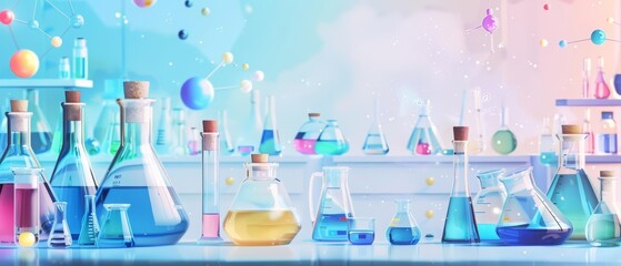 School Chemistry Lab Supplies are arranged in a clean, digital illustration emphasizing the precision in scientific education, Sharpen banner template with copy space on center