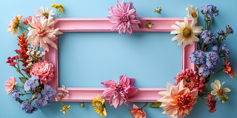 Obraz premium blooming flowers of various colors placed on and around empty pink photo frame against light blue background
