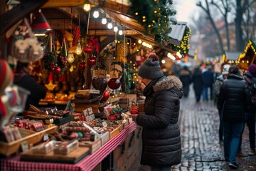Naklejka premium A woman stands in front of a festive Christmas market filled with vendors selling holiday treats and gifts, A bustling Christmas market filled with vendors selling handmade crafts and treats