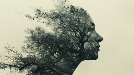 A woman's face is formed by a bare tree with no leaves.