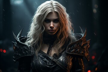 Fierce warrior woman with dramatic makeup and leather jacket