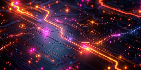 abstract illustration of colorful neon circuit with glowing orange lamp on black surface