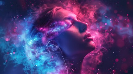 A woman's face is surrounded by a colorful smoke and stars.