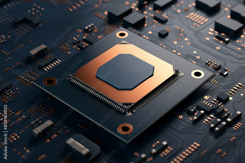 Poster high-resolution image showcasing a modern cpu mounted on a motherboard with electronic components