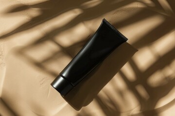 Top view of black tube of face cream in sunlight. Container for lotion, gel, shaving foam, toothpaste on brown background. Mockup of branding of cosmetic product. Flat lay