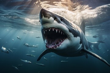 Fototapeta premium Ferocious great white shark with open mouth in the ocean