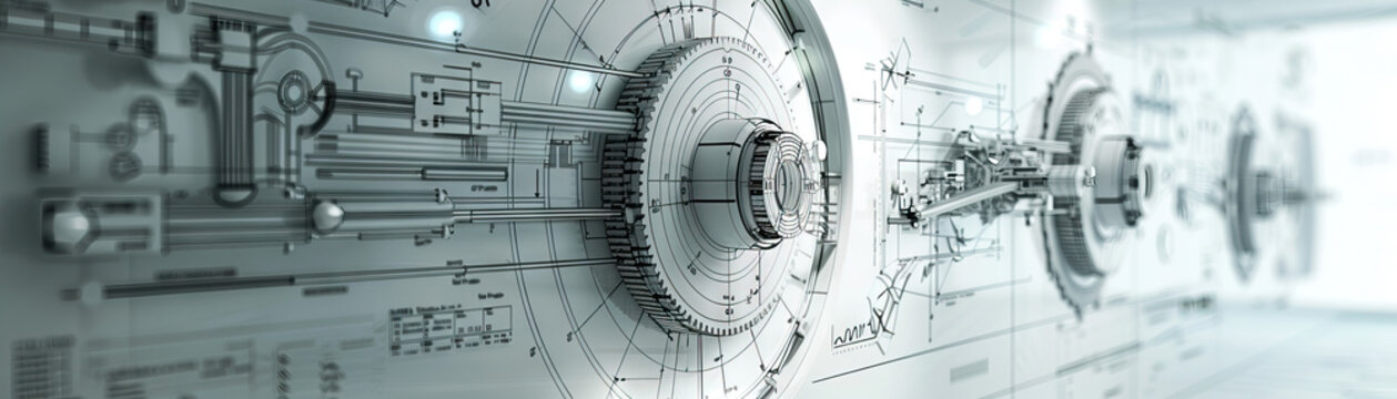 Mechanical Engineer's Wall: Adorned with mechanical drawings, CAD models, and a board with engineering calculations