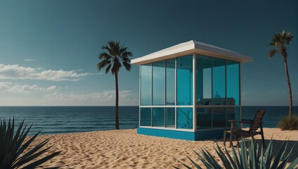 Seaside Retreat: Tranquil Cabin with Blue Glass Walls Nestled Among Palm Trees on Sandy Beach