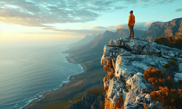 Man standing on a cliff looking at the camera and off into the distance on Table Mountain. Cape Town, South Africa