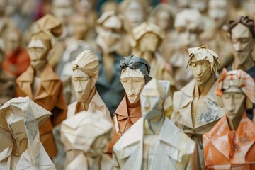 A group of unique paper individuals in a bustling crowd, A bustling crowd of diverse individuals, each unique in their paper-folded form