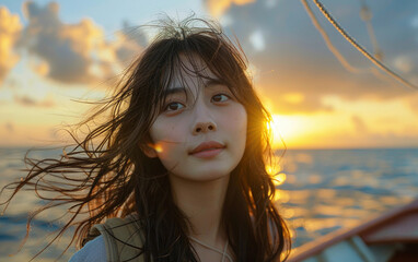 A woman standing on the edge of a boat while sailing in the vast ocean, surrounded by water and blue skies - Powered by Adobe