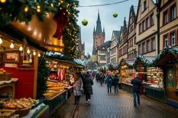 Crowd of people strolling down a street adorned with festive Christmas decorations, A bustling European Christmas market with colorful stalls and festive decorations