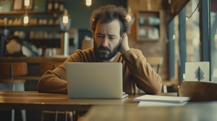 Obraz premium Focused Man Deep in Thought While Working on Laptop in a Coffee Shop