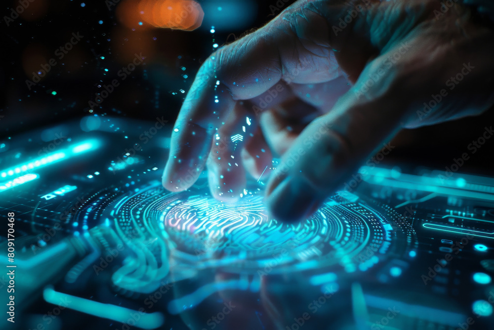 Poster a hand is touching a screen with a fingerprint on it