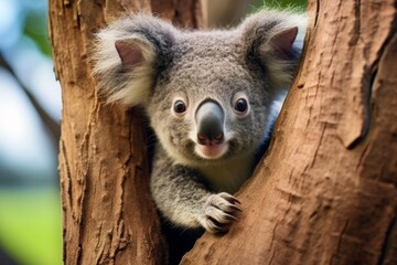 Curious koala peeking out from tree