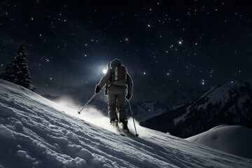 Solitary skier hikes up a snowy slope in the serene night, stars twinkle above in the quiet wilderness