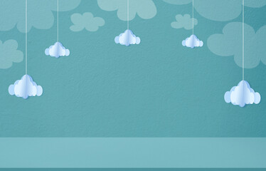 Baby boy shower card,Blue Background Studio Kids Room with Cloud paint and Cloud paper cut on cement wall texture.Empty Concrete with copy space for text and baby photos