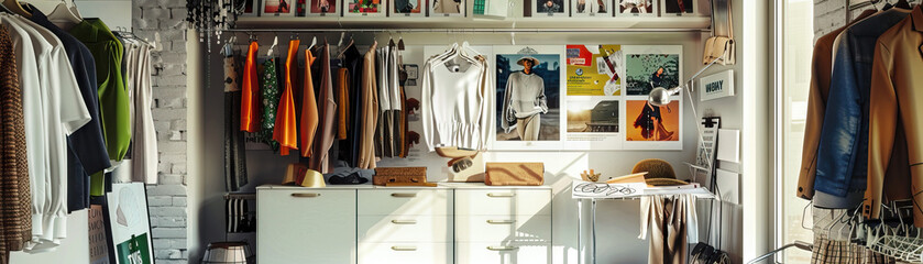 Fashion Stylist's Wall: Displaying fashion magazine tear sheets, style inspiration boards, and a rack with clothing samples.