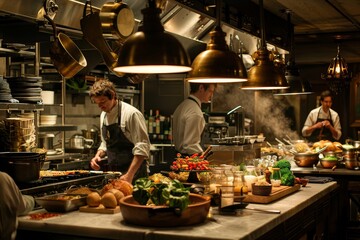 Several individuals working together in a busy kitchen, preparing food for a meal, A bustling kitchen behind the scenes