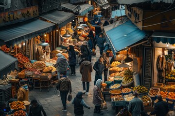 A busy marketplace where a group of people are walking around, browsing goods and interacting with vendors, A bustling marketplace filled with vendors and customers conducting transactions