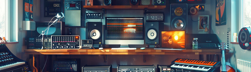 Fototapeta premium Music Producer's Studio Wall: Covered in soundproofing panels, album artwork, and a shelf with musical instruments